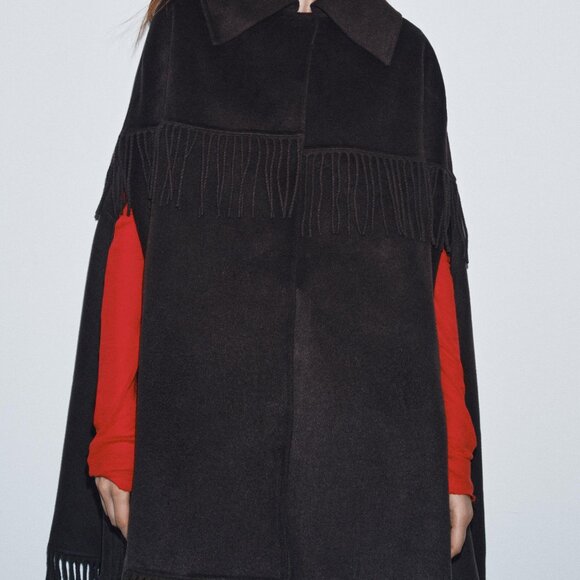ZARA FRINGED WOOL LONG CAPE - Picture 8 of 12